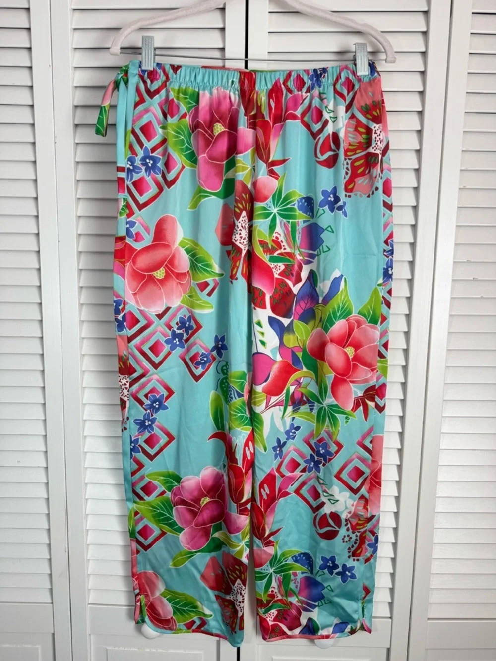 Tropical Floral Satin Pajama Set in Aqua & Pink